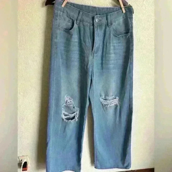SHEIN EZwear Ladies’ Solid Color Ripped Denim Pants, Size Large - Picture 6 of 7